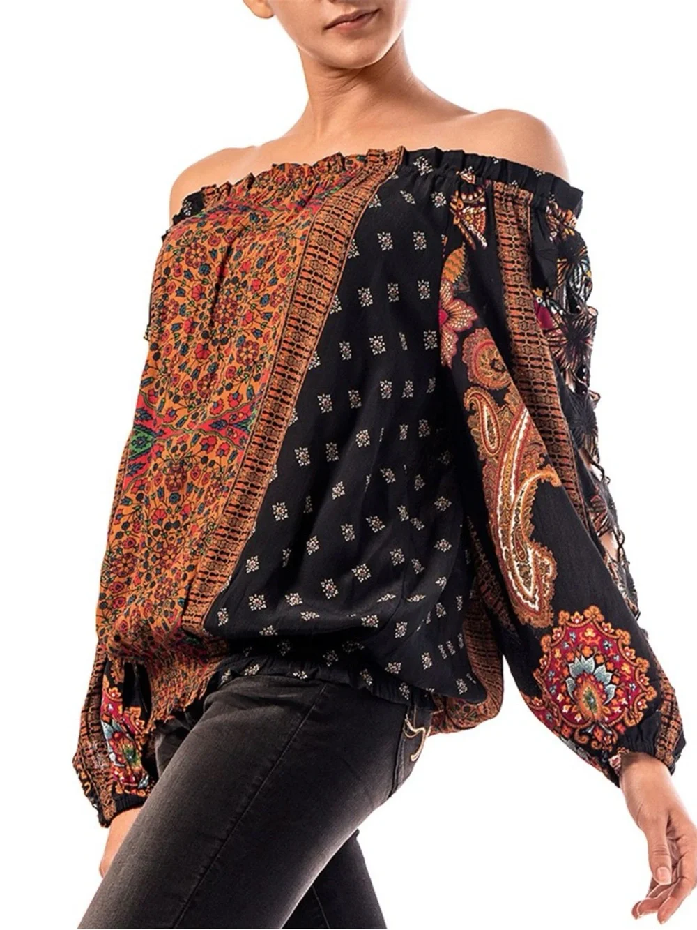 Desigual Off-Shoulder Boho Floral Patchwork Top in Black and Rust - Picture 4 of 11